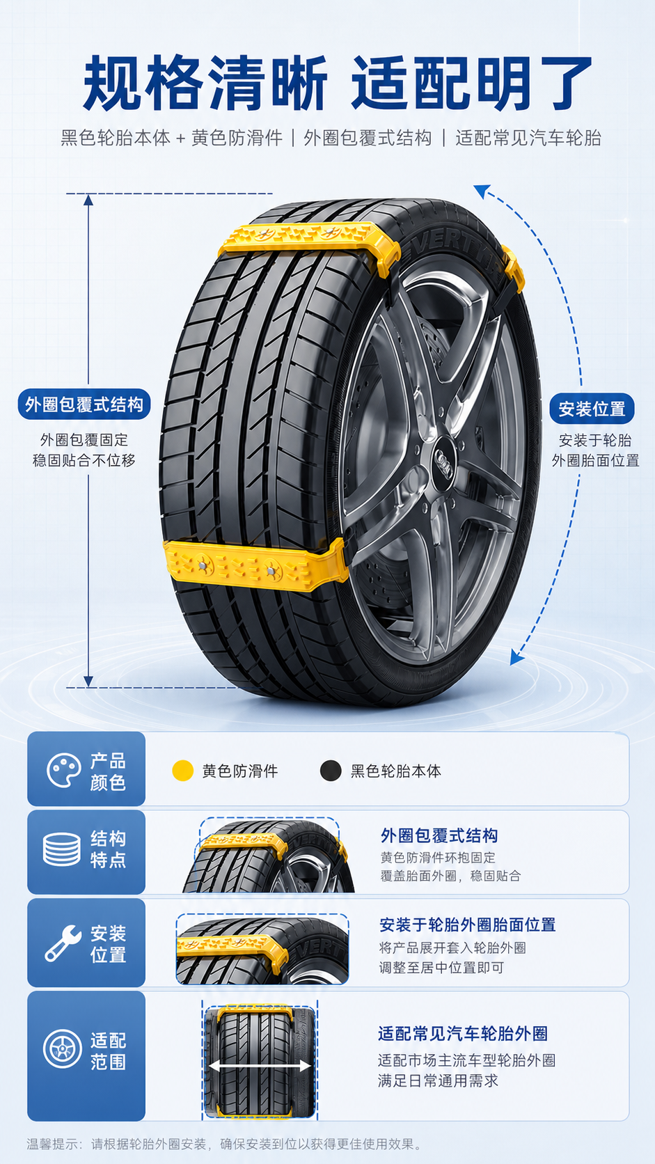 AI 生成防滑链场景图：AI 一键出图案例 - 尺寸/规格/参数图: 说明产品外观与适配参数