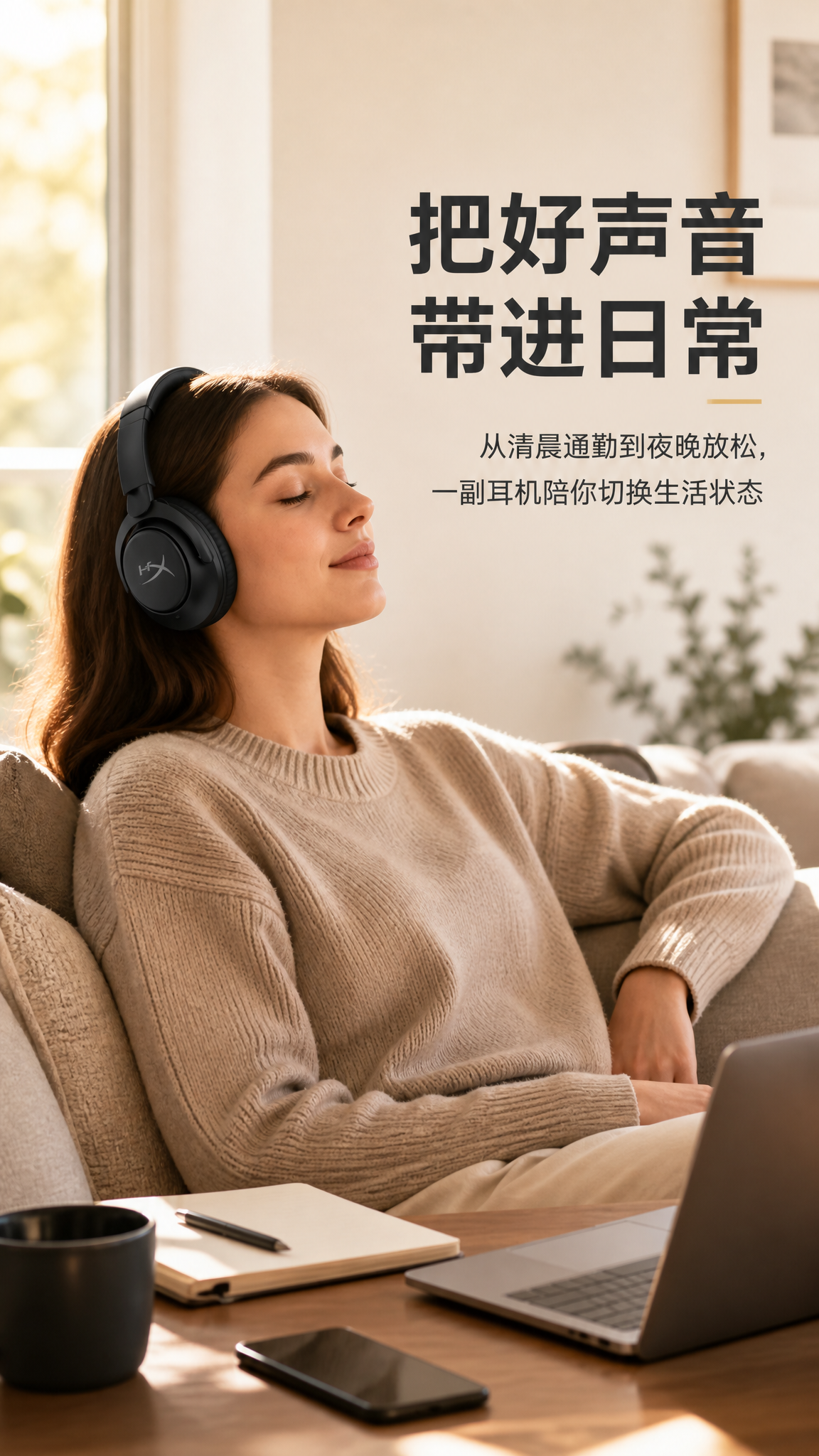 黑色皮质头戴式蓝牙耳机 AI电商详情页 - 生活方式场景图: 展示生活场景和氛围