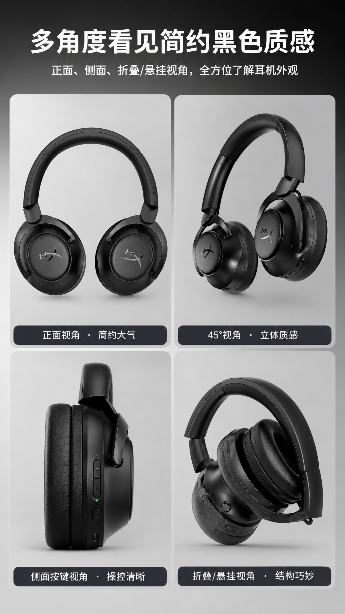 黑色皮质头戴式蓝牙耳机 AI电商详情页 - 多角度图: 多区块展示产品外观