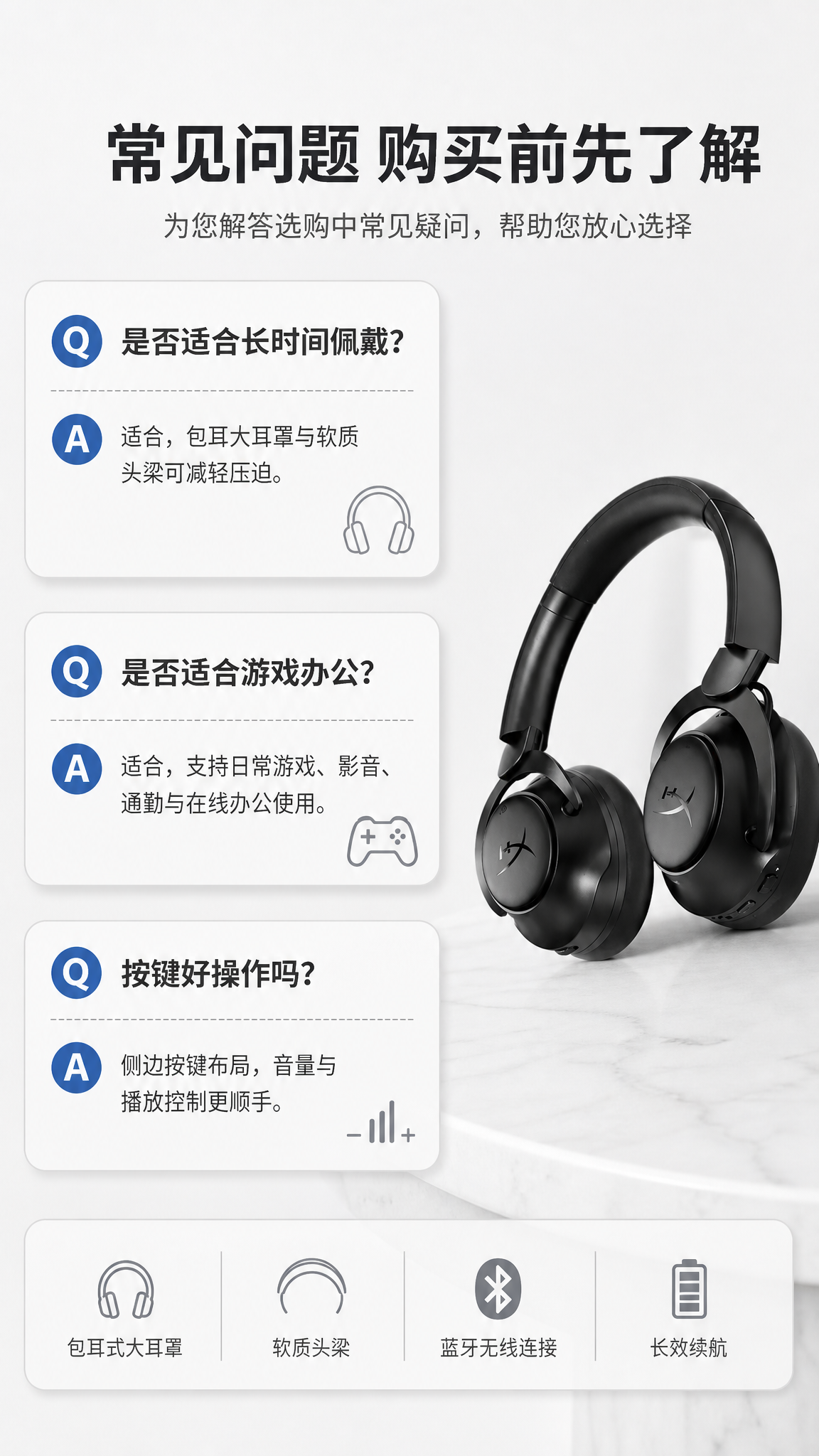 黑色皮质头戴式蓝牙耳机 AI电商详情页 - FAQ常见问题图: 回答购买前疑问