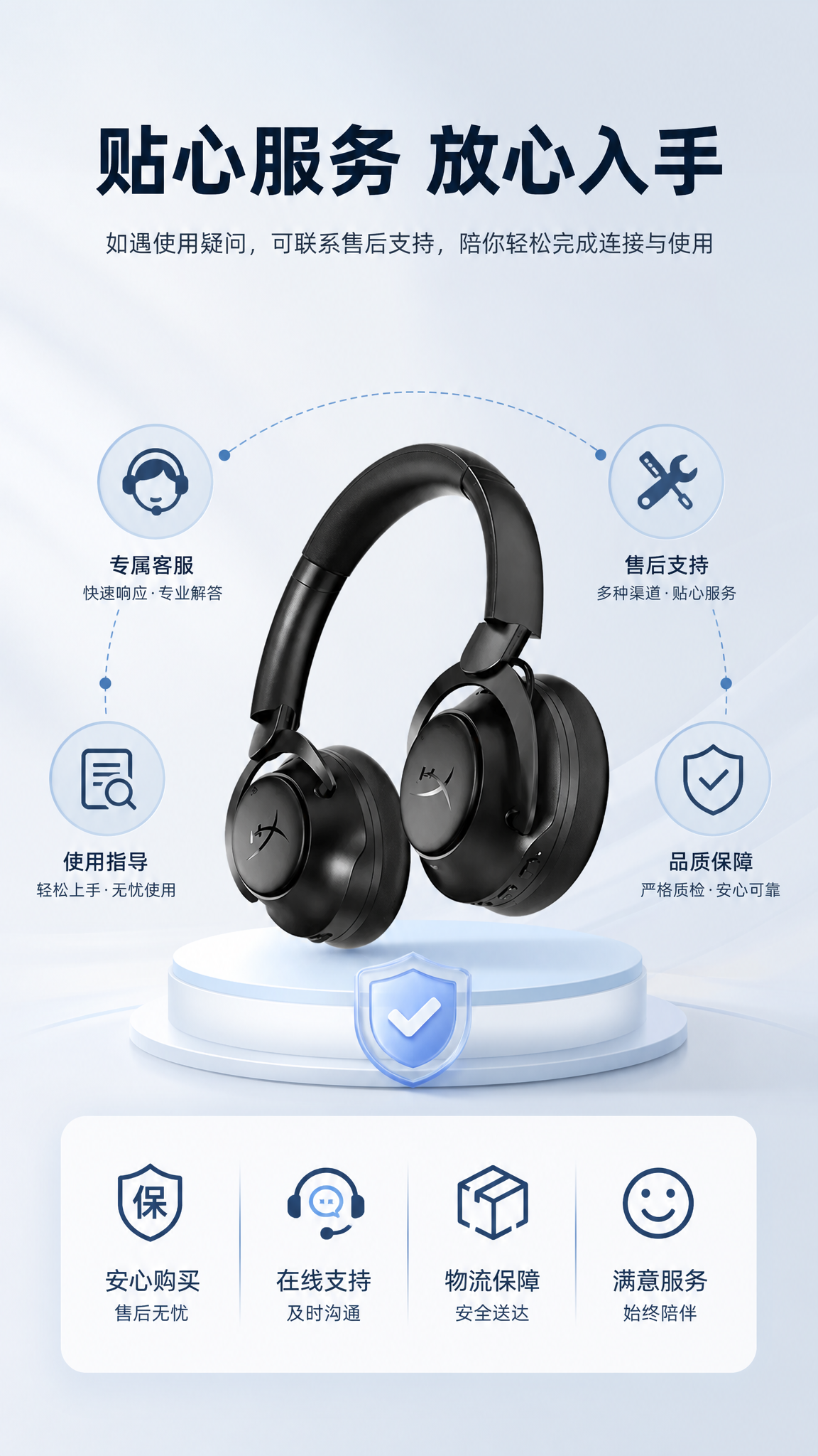 黑色皮质头戴式蓝牙耳机 AI电商详情页 - 售后保障图: 增强购买信任感