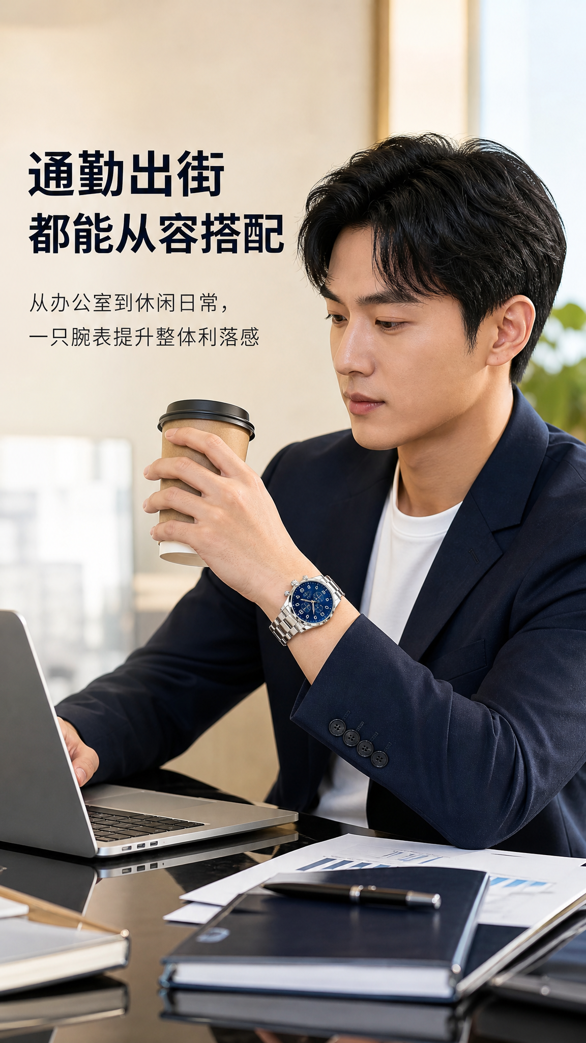 蓝盘金属钢带多功能日历腕表 AI电商详情页 - 使用场景图: 展示商务通勤与日常佩戴效果