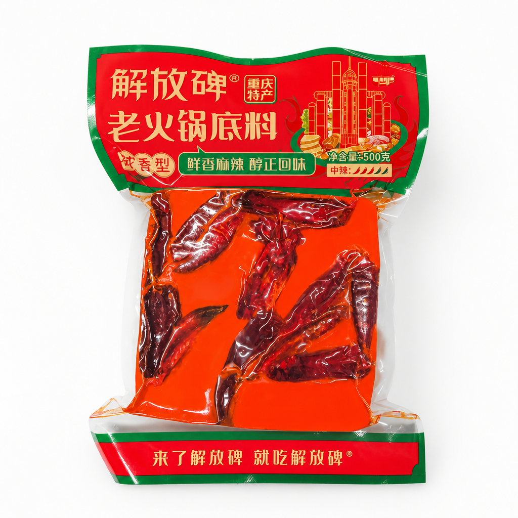 AI 生成火锅料产品图：AI 一键出图案例 - 首屏主视觉: 第一眼突出红油厚料与产品识别度