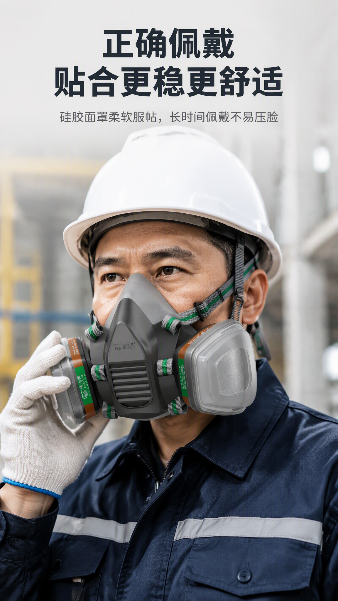 灰黑色双罐硅胶防毒面具A1滤毒盒7件套 AI电商详情页 - 人物使用图: 展示真实佩戴状态与舒适度