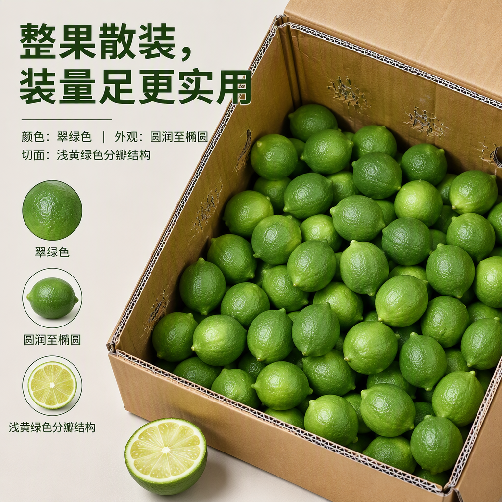 广东香水柠檬（苦瓜片） AI电商详情页 - 尺寸/规格/参数图: 清晰呈现整果散装、果形范围、颜色与切面结构等商品参数