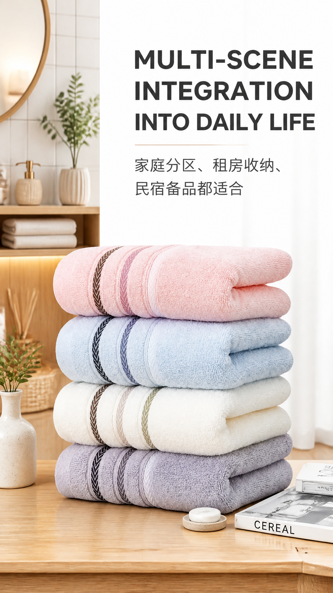 多色加厚柔软吸水毛巾浴巾套装 AI电商详情页 - 生活方式场景图: 展示家居生活氛围与多场景融入感