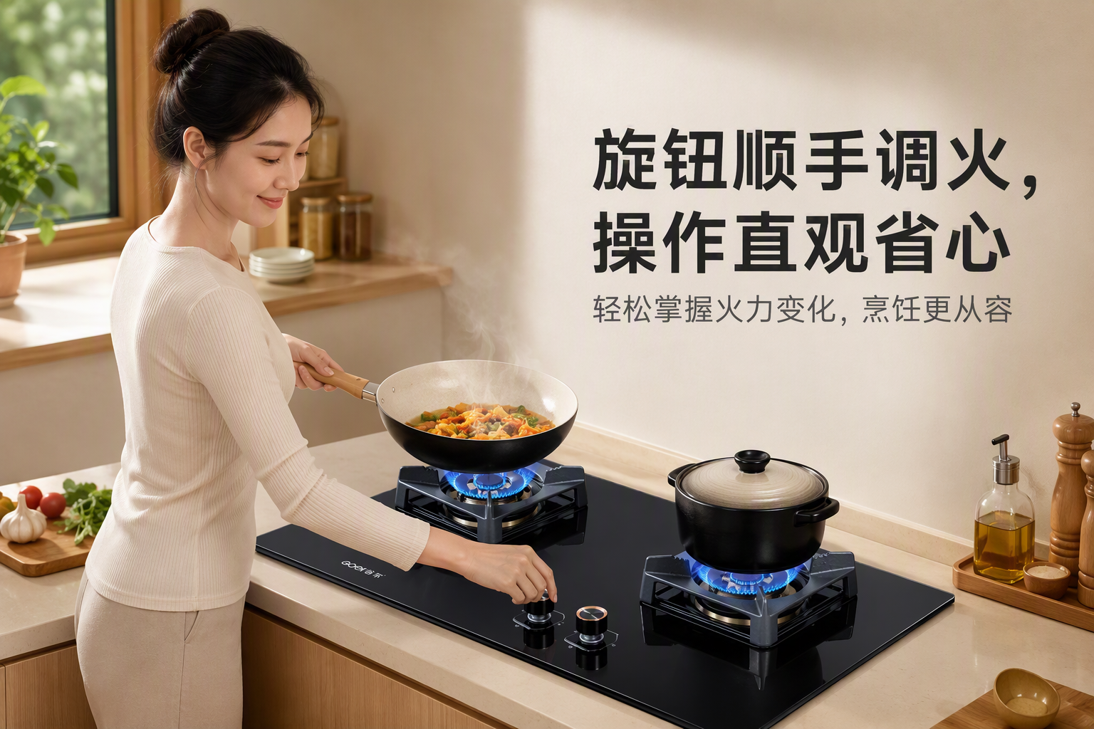 黑色钢化玻璃双灶嵌入式燃气灶 AI电商详情页 - 人物使用图: 展示人物真实操作与烹饪过程