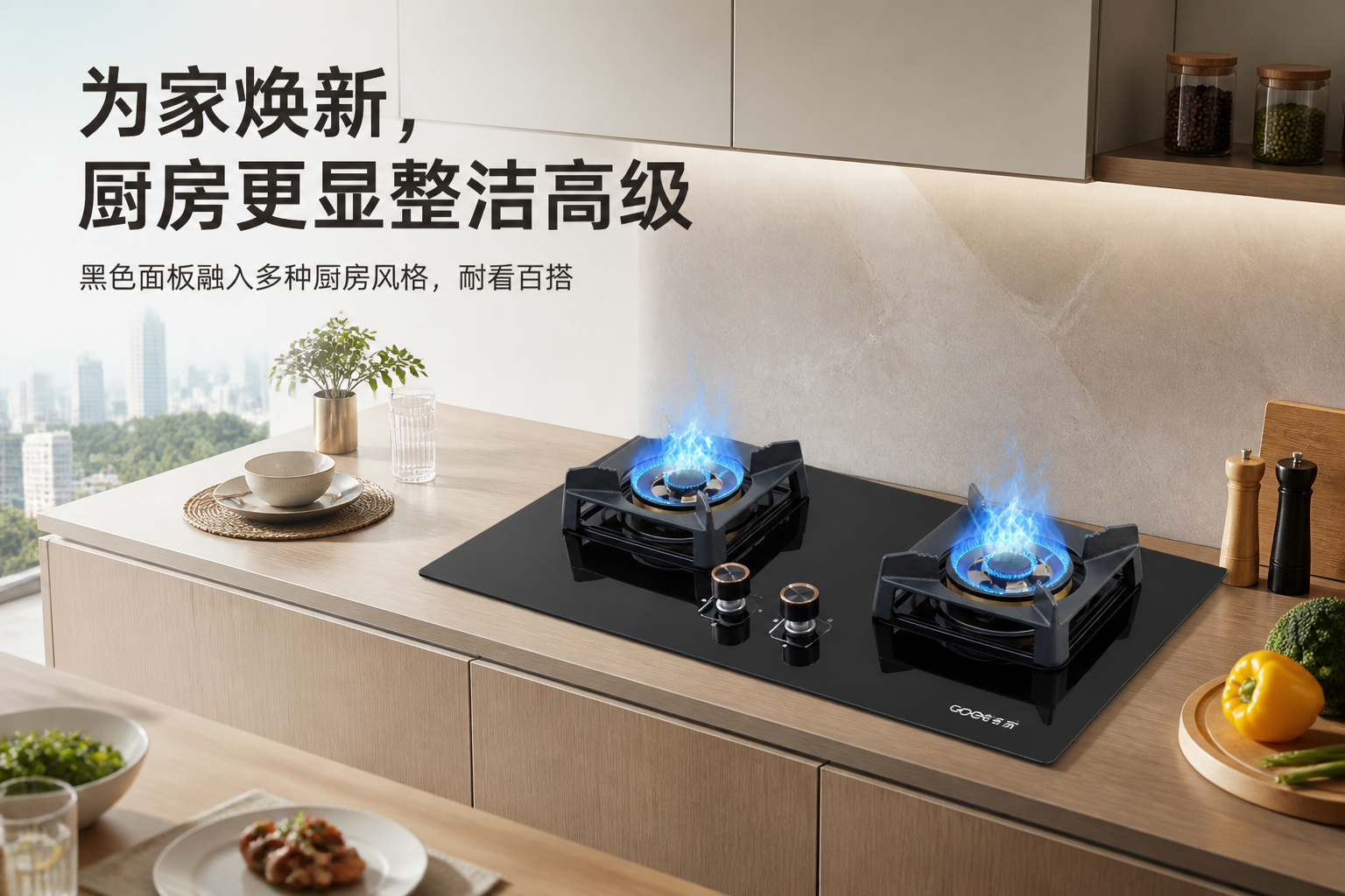 黑色钢化玻璃双灶嵌入式燃气灶 AI电商详情页 - 生活方式场景图: 营造新房厨房升级的生活氛围