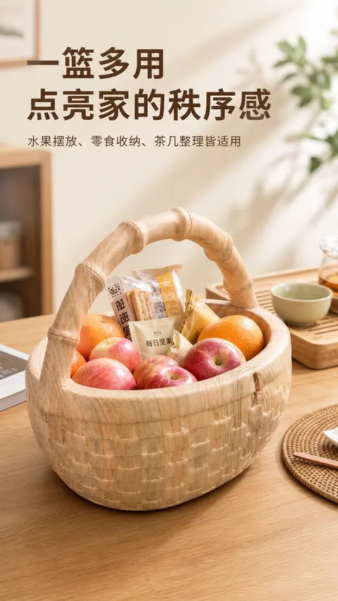 原木纹手提木质收纳篮家居果篮摆件篮 AI生成产品图