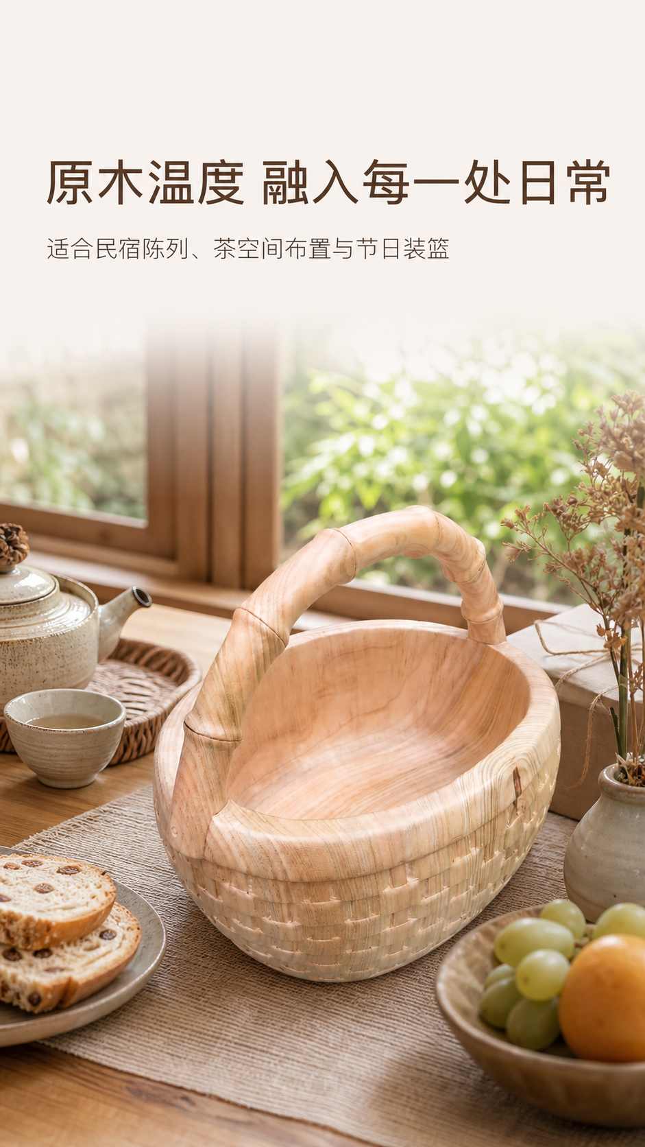 原木纹手提木质收纳篮家居果篮摆件篮 AI电商详情页 - 生活方式场景图: 营造原木家居美学与松弛生活氛围