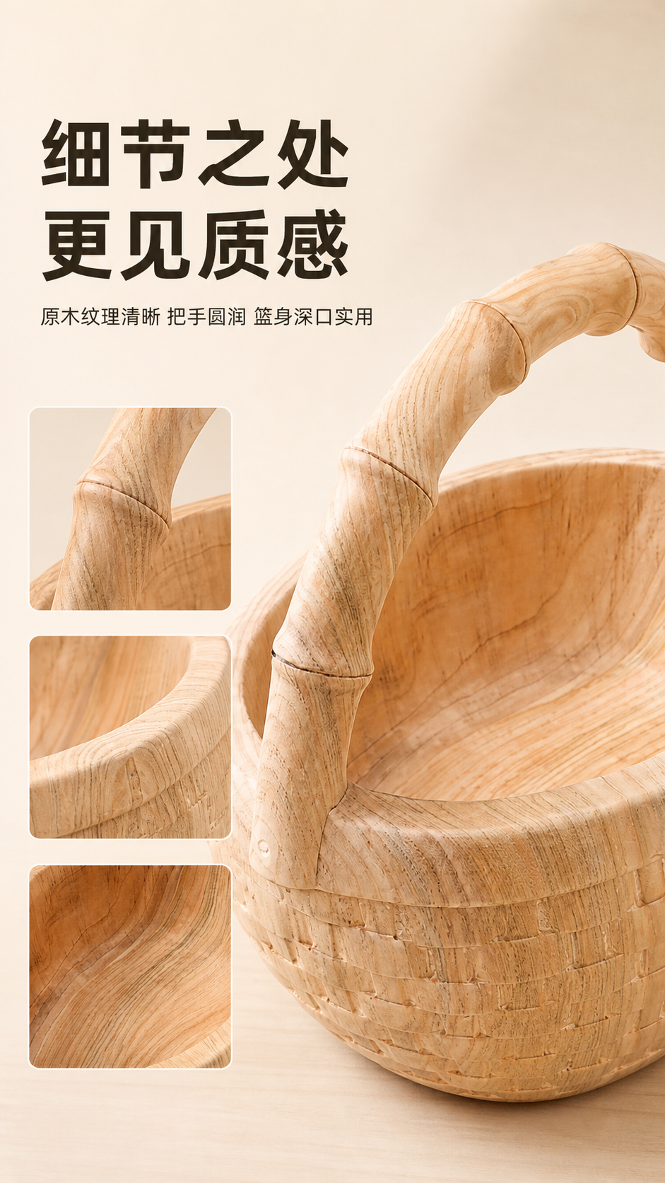 原木纹手提木质收纳篮家居果篮摆件篮 AI电商详情页 - 商品细节图: 放大展示材质纹理与结构工艺细节