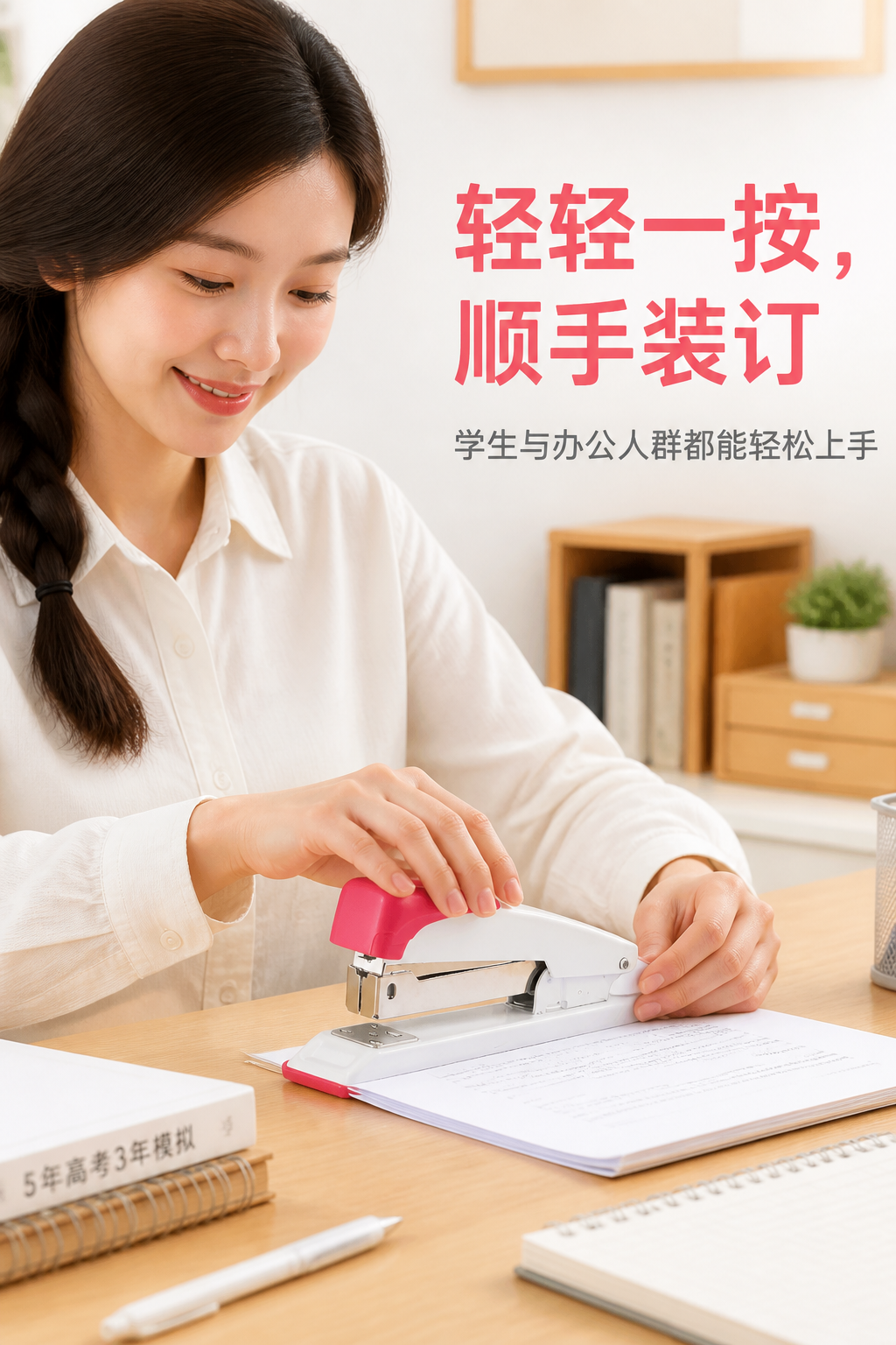 粉白双色手动订书机 AI电商详情页 - 人物使用图: 展示人物真实使用产品