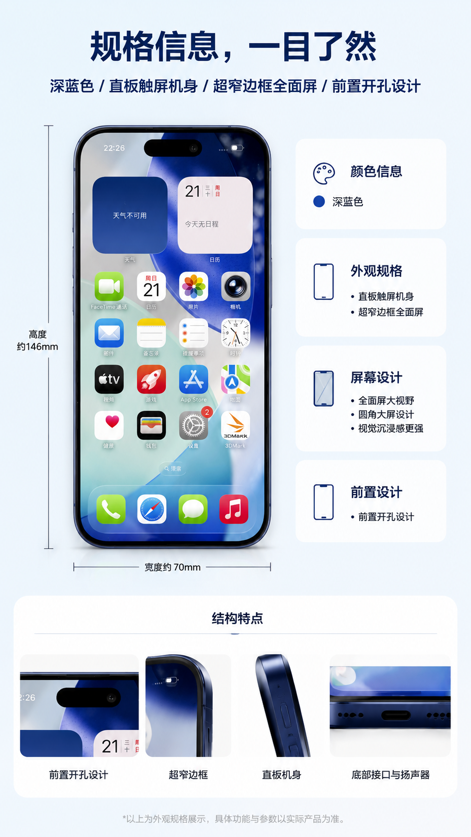 深蓝色全面屏直板智能手机 AI电商详情页 - 尺寸/规格/参数图: 说明外观规格与基础参数信息