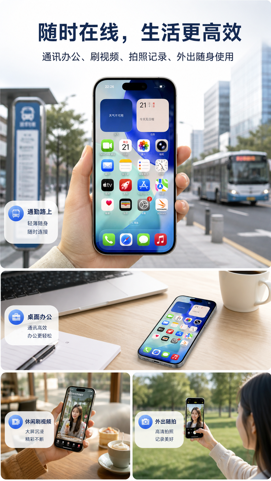 深蓝色全面屏直板智能手机 AI电商详情页 - 使用场景图: 展示真实使用效果与日常应用状态