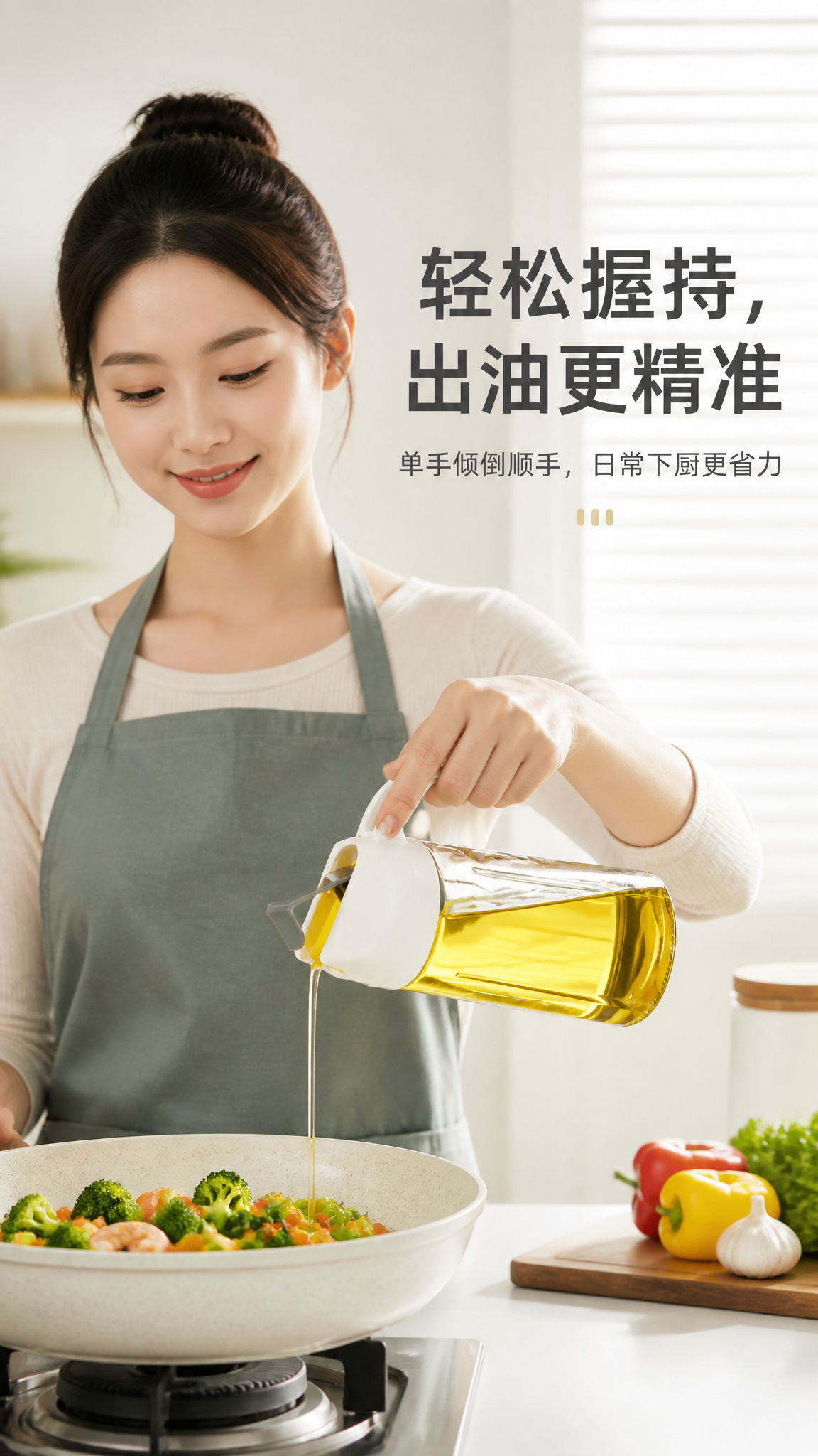 透明玻璃厨房定量防漏油壶 AI电商详情页 - 人物使用图: 展示人物真实握持与操作方式