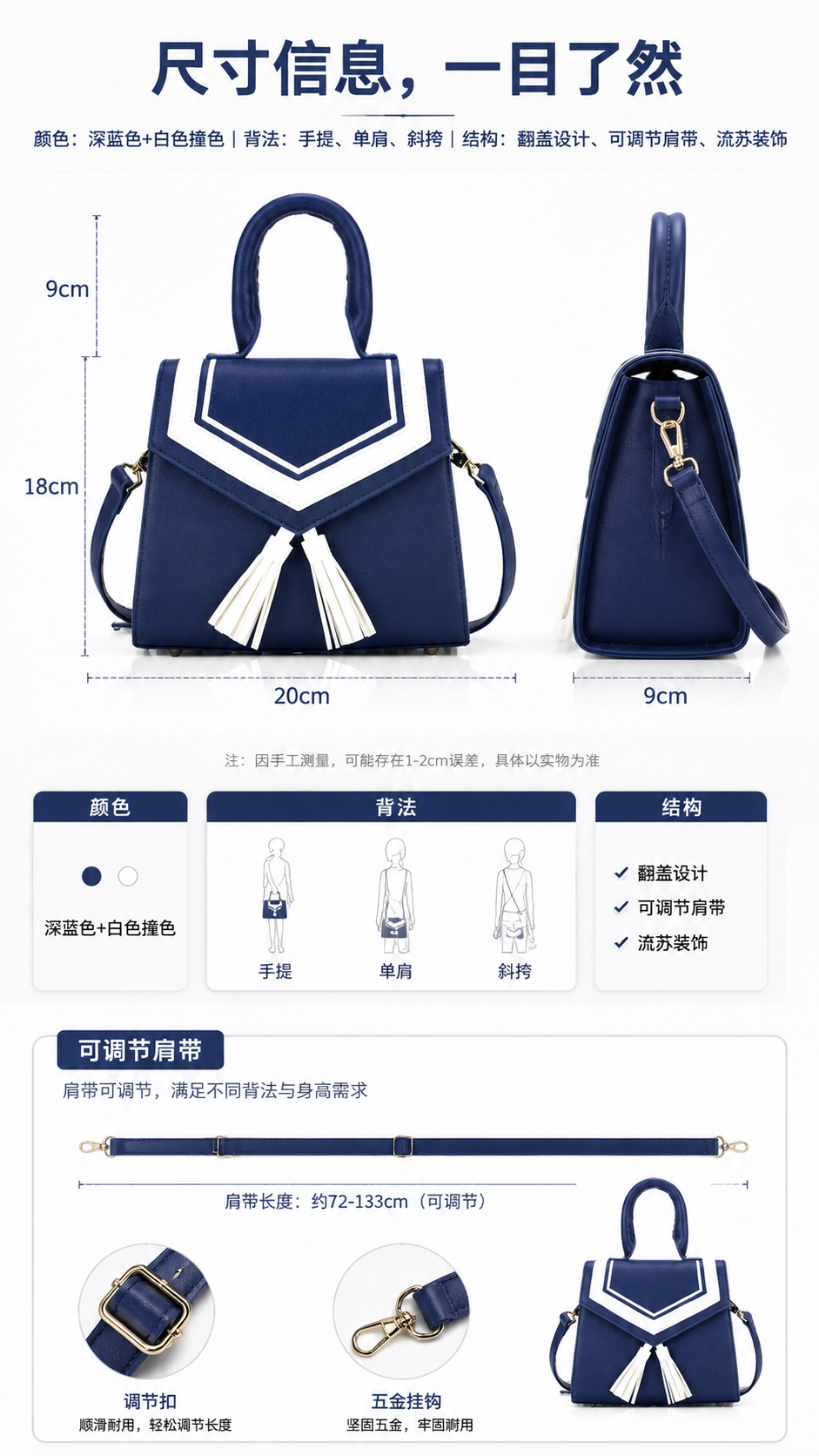 蓝色撞色拼接手提斜挎小方包 AI电商详情页 - 尺寸/规格/参数图: 清晰传达尺寸与基础信息