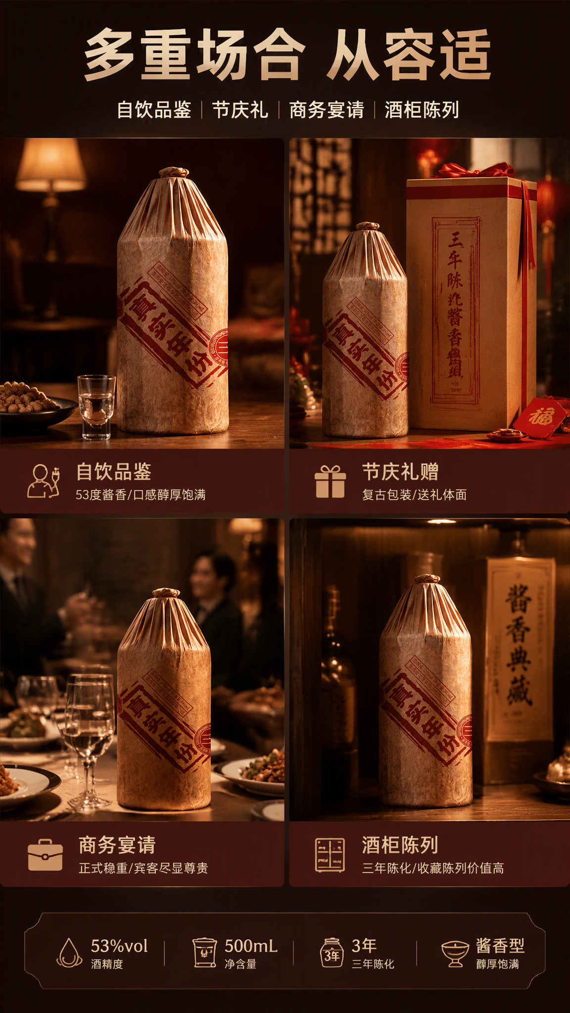 酱香白酒的产品图怎么做？跨境卖家教程 - 多场景适用图: 多区块展示使用场景