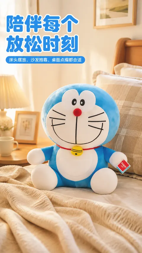 蓝白卡通猫造型柔软毛绒公仔玩偶 AI生成产品图