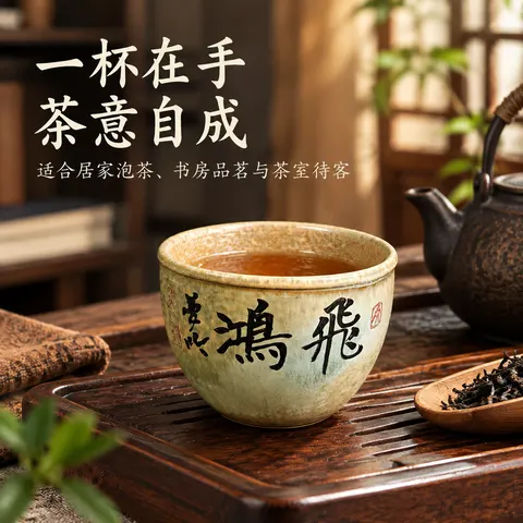 复古釉面书法陶瓷茶杯单杯品茗杯 AI生成产品图