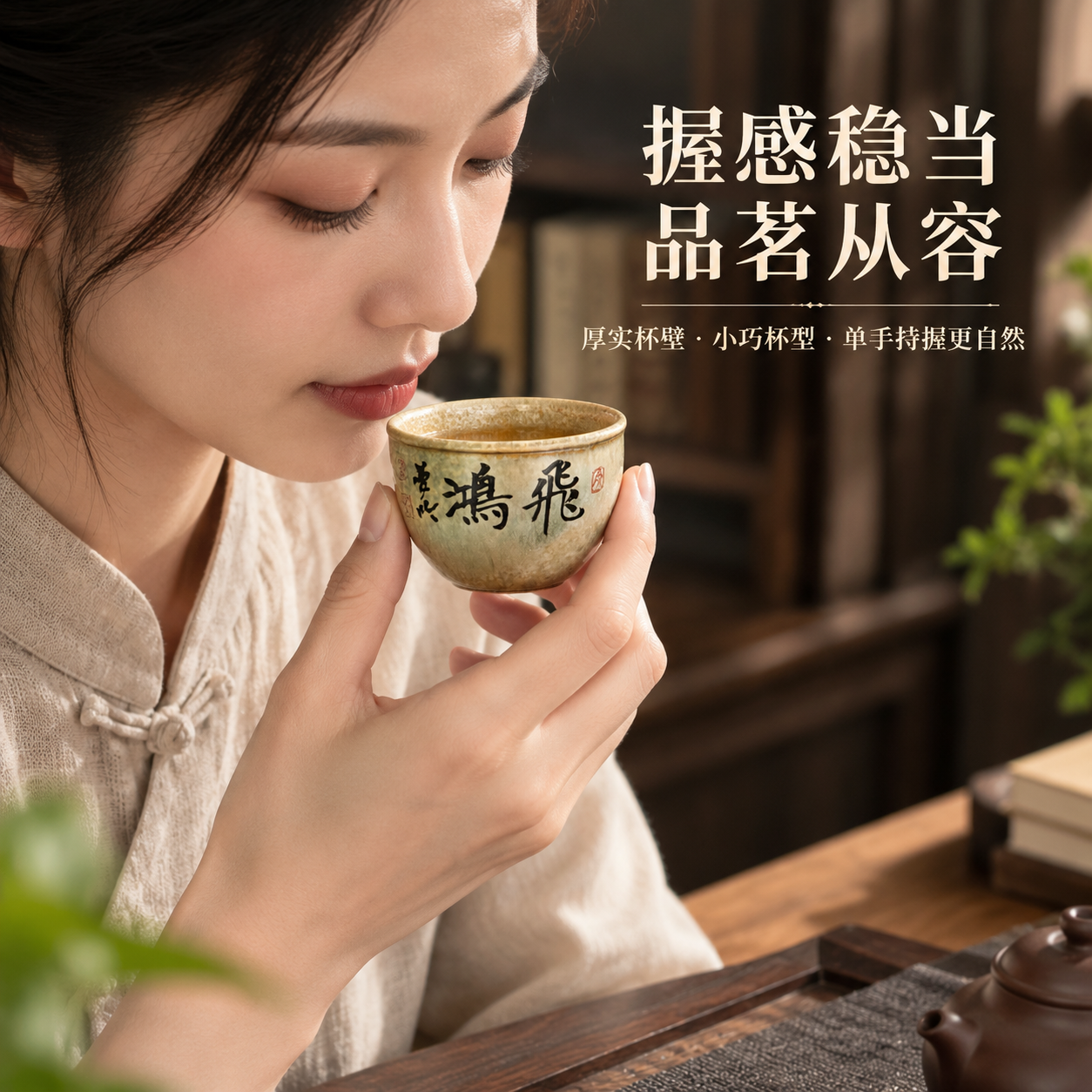 淘宝茗杯场景图怎么做？ - 人物使用图: 展示人物真实持杯品茗体验