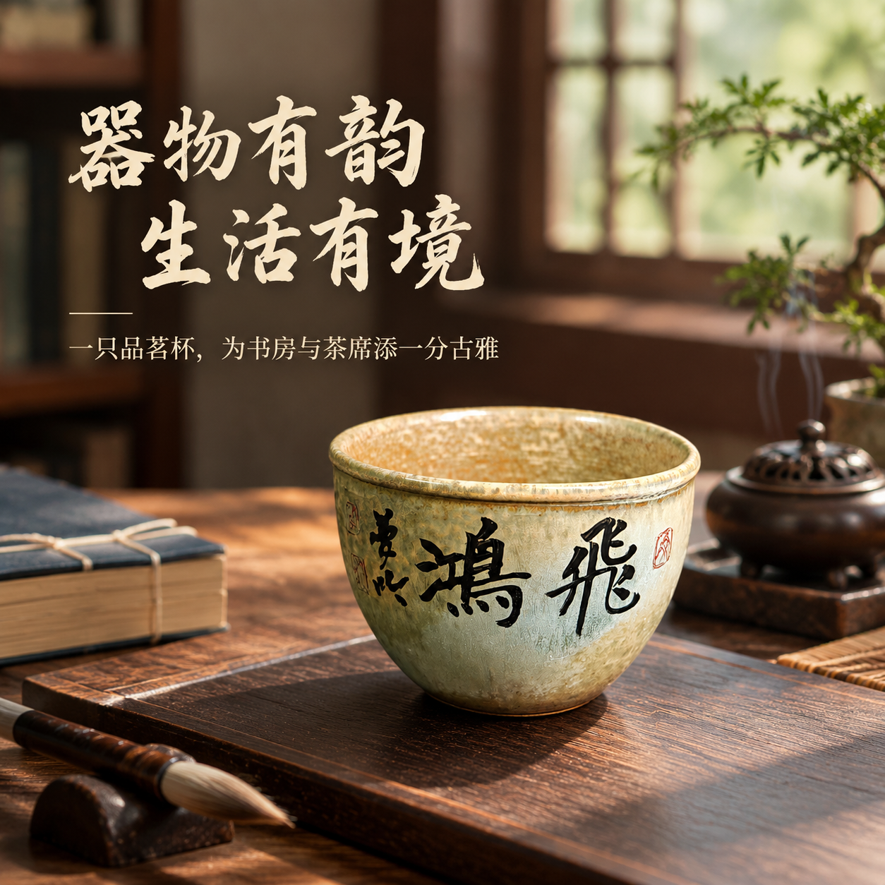 淘宝茗杯场景图怎么做？ - 生活方式场景图: 展示中式生活审美与静雅氛围