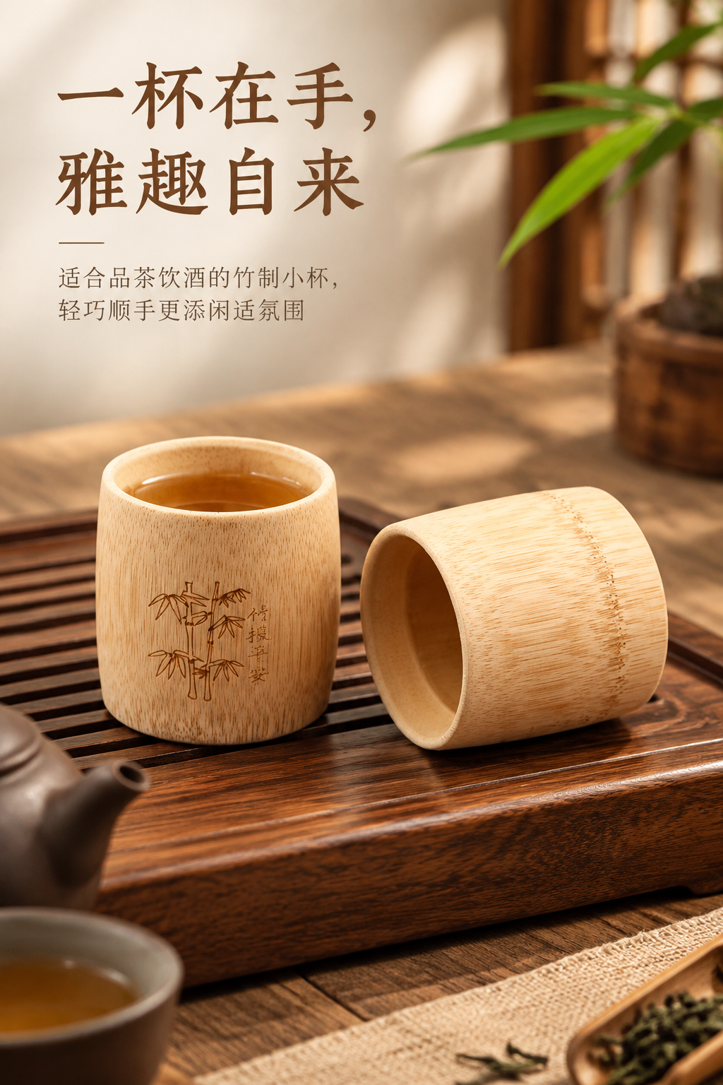 AI 生成茶杯场景图：AI 一键出图案例 - 使用场景图: 展示居家品茶与小酌的真实使用效果
