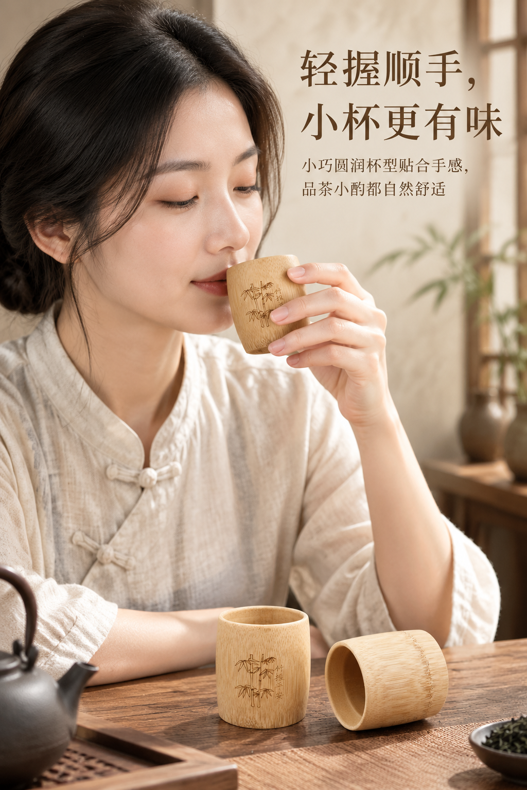 AI 生成茶杯场景图：AI 一键出图案例 - 人物使用图: 展示人物真实手持与饮用产品