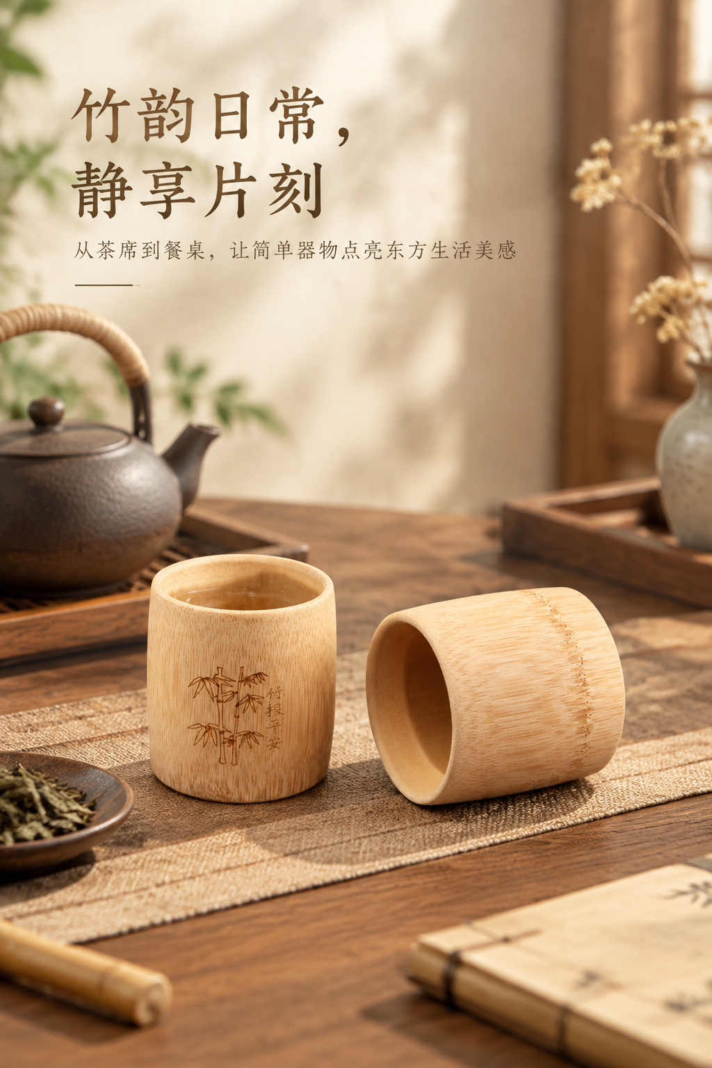 AI 生成茶杯场景图：AI 一键出图案例 - 生活方式场景图: 展示茶室陈设与雅致生活氛围