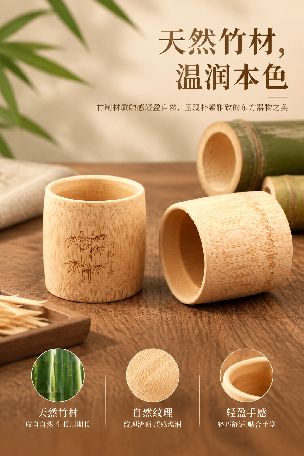 AI 生成茶杯场景图：AI 一键出图案例 - 材质/成分说明图: 说明天然竹材与使用质感优势