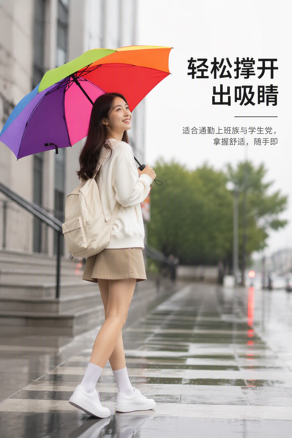 AI 生成雨伞场景图：AI 一键出图案例 - 人物使用: 展示人物真实持伞效果与便携体验