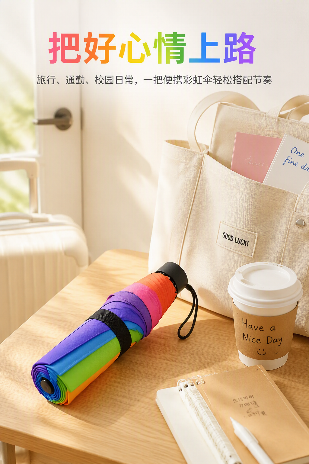AI 生成雨伞场景图：AI 一键出图案例 - 生活方式场景图: 展高颜值出行氛围与随身携带属性