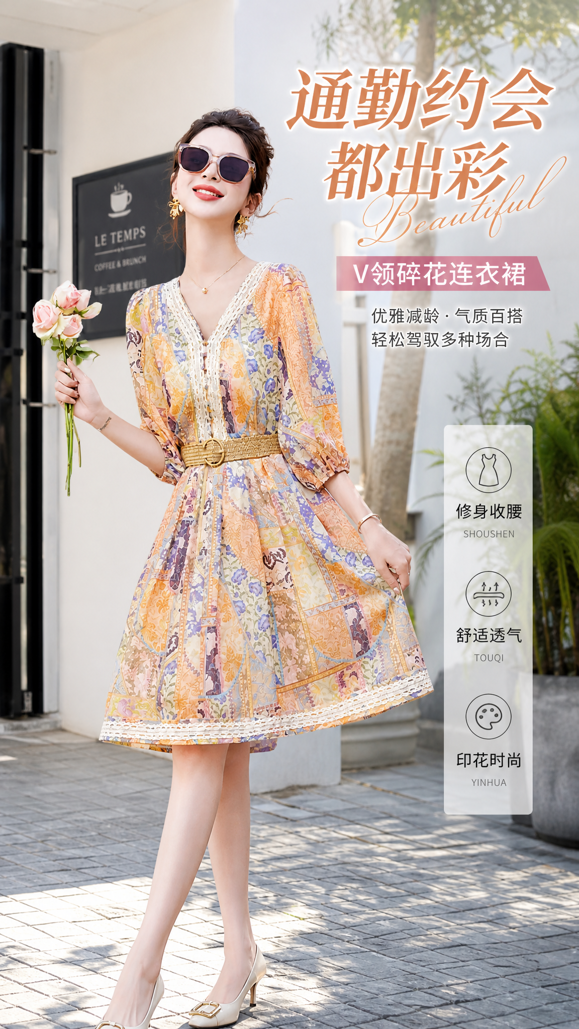 连衣裙产品图怎么生成？AI 一键出图案例 - 使用场景图: 展示通勤约会与出游穿搭氛围