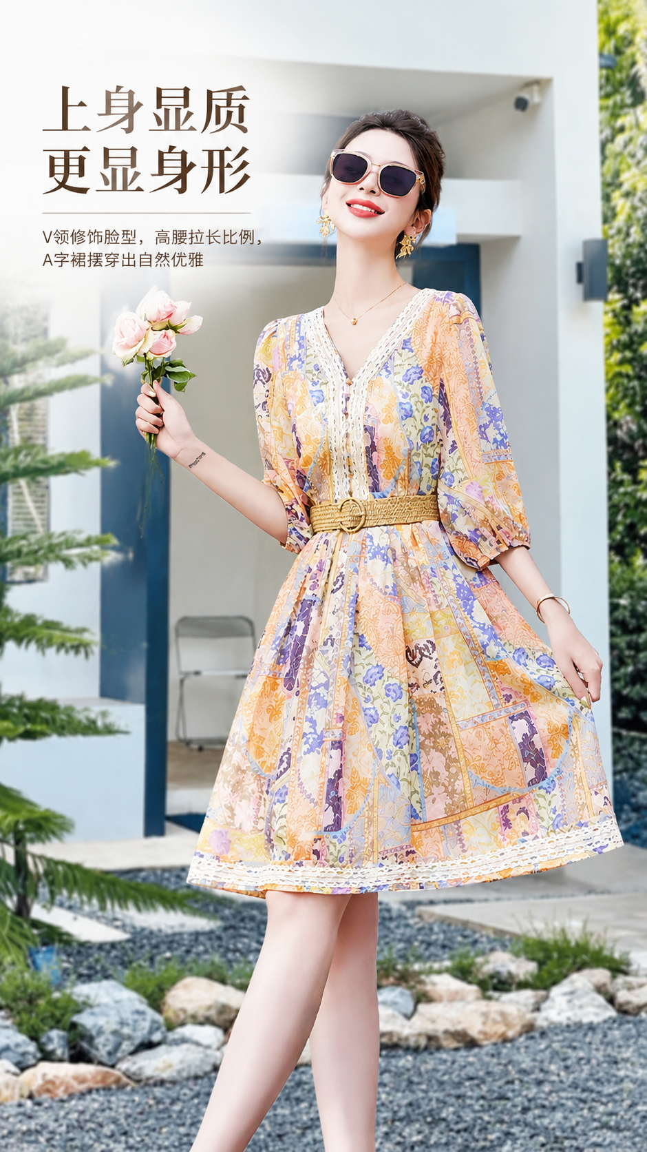 连衣裙产品图怎么生成？AI 一键出图案例 - 模特上身图: 展示真人穿着后的版型效果