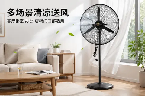 黑色落地式金属罩大风力立式电风扇 AI生成产品图