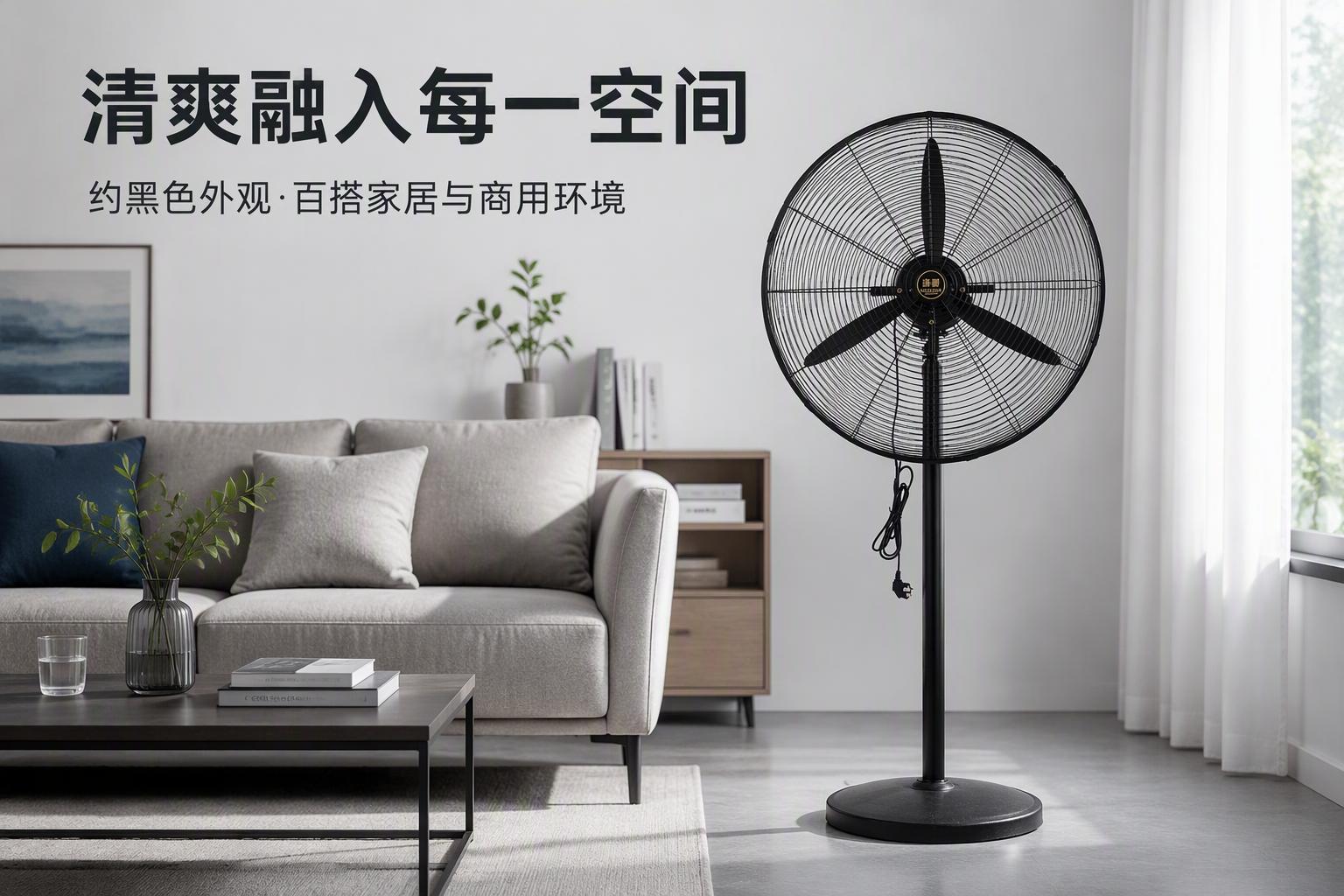 风扇场景图怎么生成？AI 一键出图案例 - 生活方式景图: 营造夏日室内清爽舒适的生活氛围