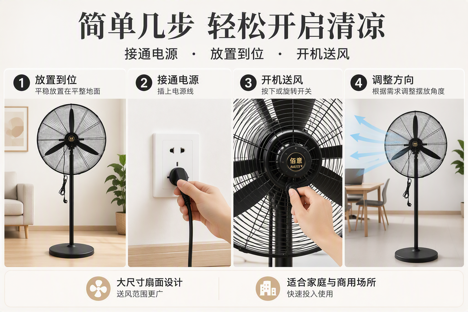 风扇场景图怎么生成？AI 一键出图案例 - 使用步骤图: 清晰说明风扇的基础使用方法