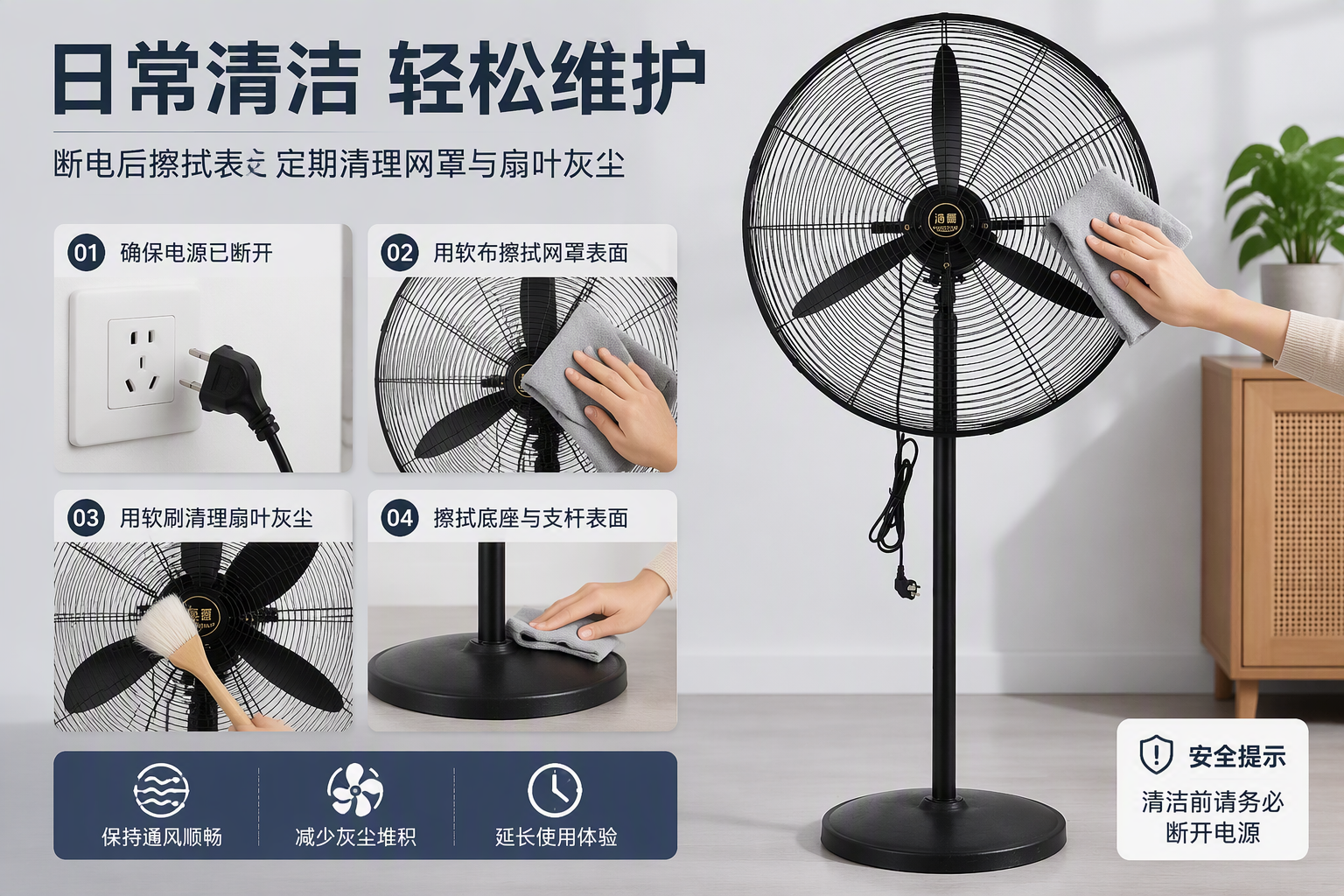 风扇场景图怎么生成？AI 一键出图案例 - 清洁/保养说明图: 日常清洁维护方式与注意事项