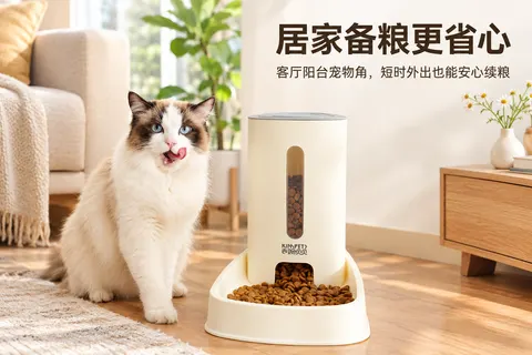 米白色大容量重式宠物自动喂食器 AI生成产品图