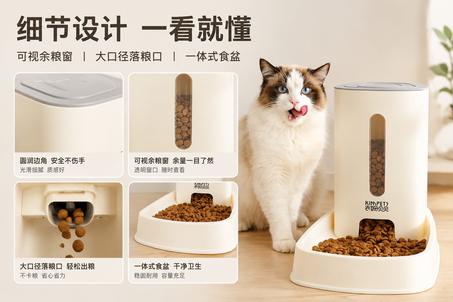 喂食器场景图怎么生成？AI 一键出图案例 - 商品细节图: 放大展示材质与结构设计亮点