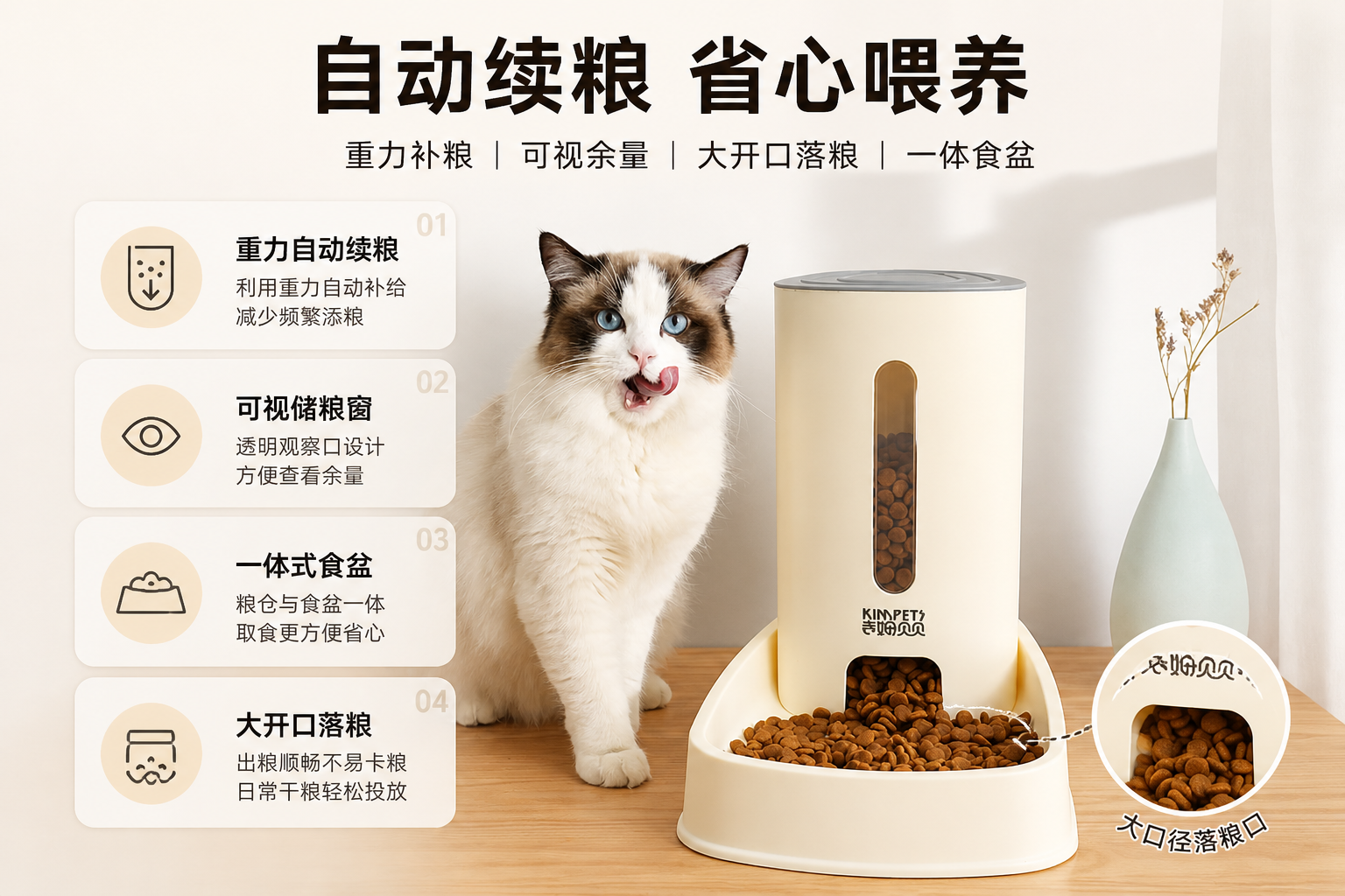 喂食器场景图怎么生成？AI 一键出图案例 - 核心卖点图: 集中突出产品4大优势