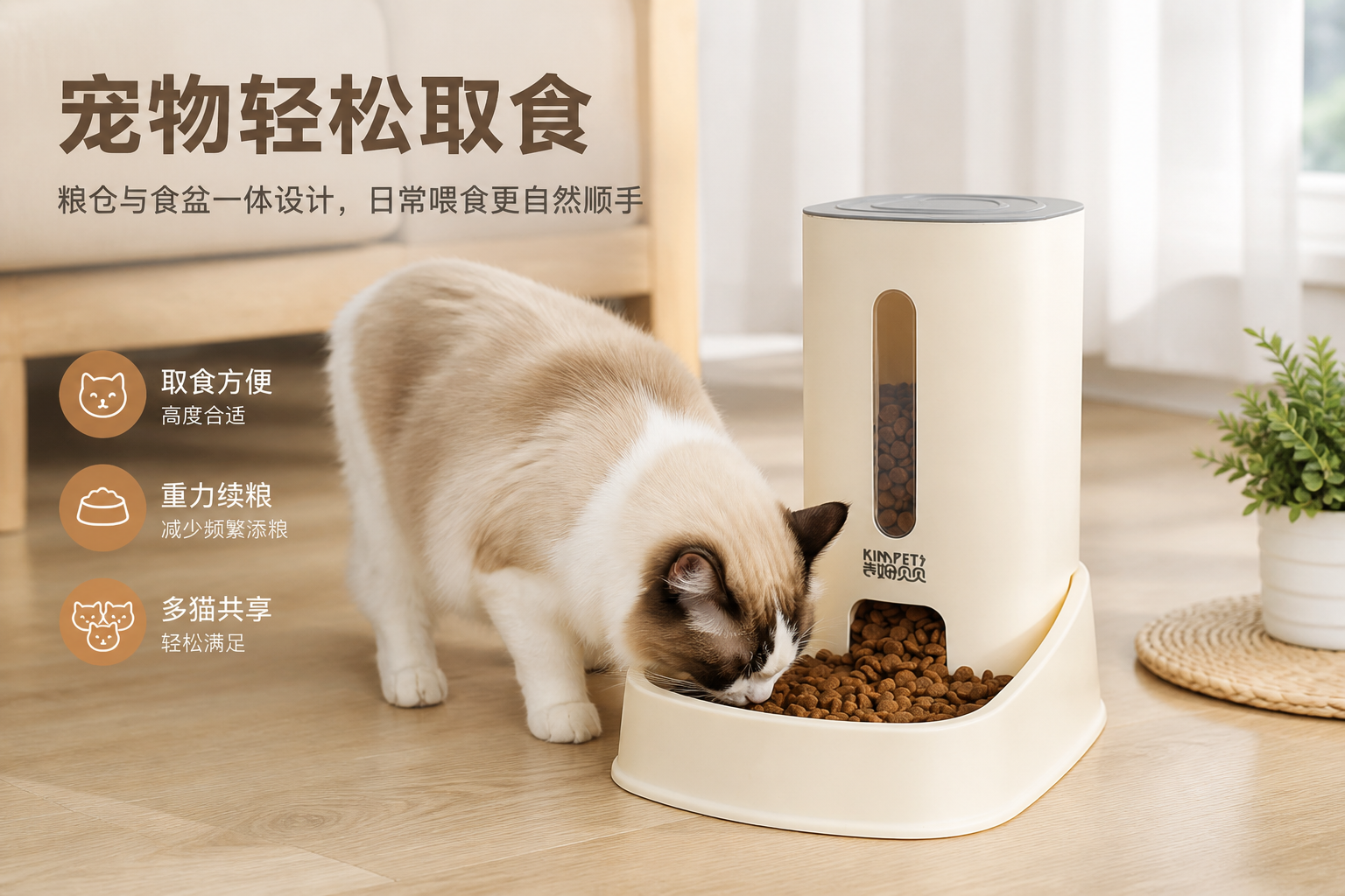 喂食器场景图怎么生成？AI 一键出图案例 - 宠物使用图:示猫咪真实取食状态与产品实用性