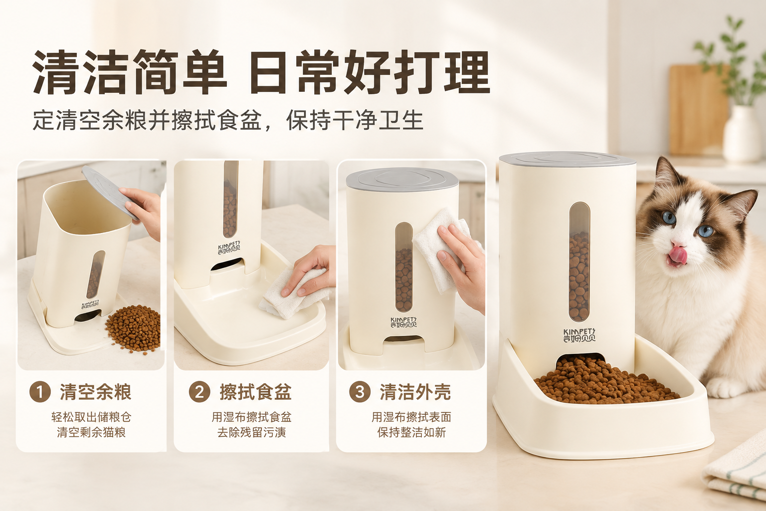 喂食器场景图怎么生成？AI 一键出图案例 - 清洁/保养说明图: 说明日清理与维护方式