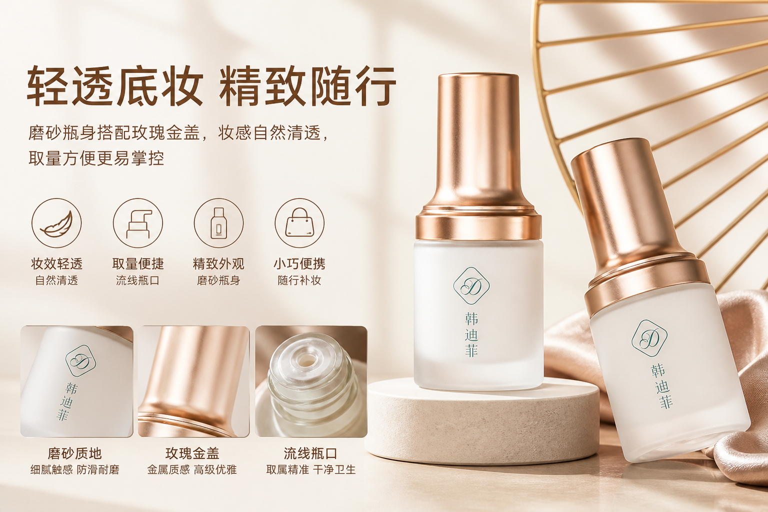 阿里国际站粉底液产品图怎么做？ - 核心卖点图: 突出轻透底妆与精致包装的综合优势