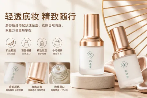 磨砂璃瓶玫瑰金盖轻透底妆粉底液 AI生成产品图