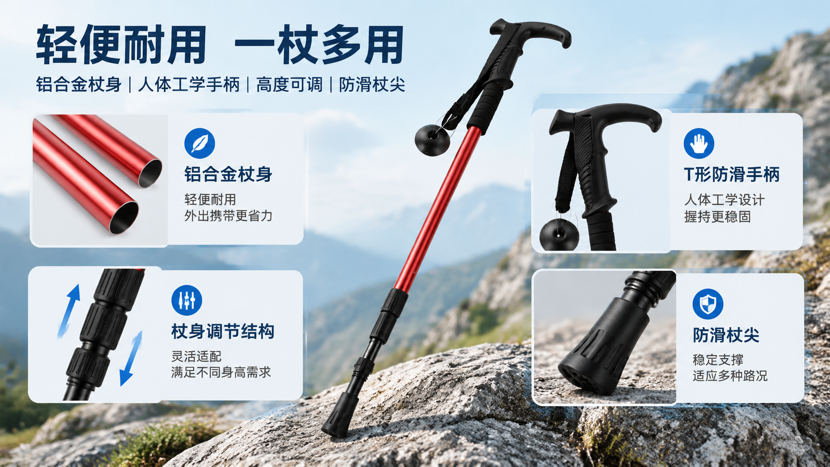 AI 生成登山杖场景图：AI 一键出图案例 - 核心卖点图: 突出轻量耐用、稳握滑、可调节等核心优势
