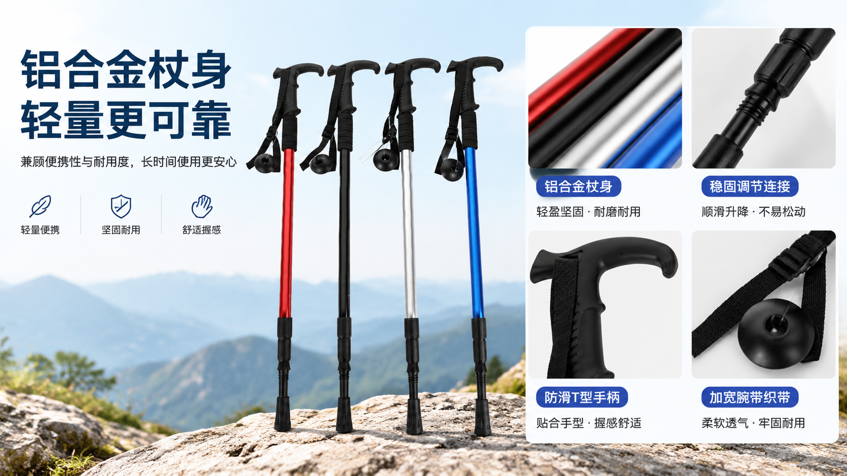 AI 生成登山杖场景图：AI 一键出图案例 - 材质/成分说明图: 说明铝合金与手柄材质带来的耐用与舒适体验