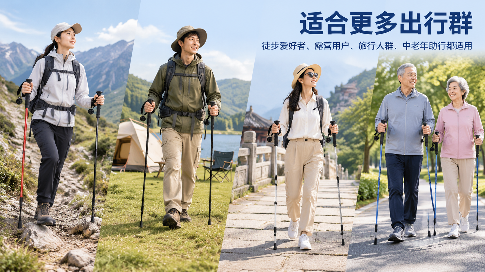AI 生成登山杖场景图：AI 一键出图案例 - 适用人群图: 展示适合登山徒步、露营旅行及中老年助行等用户