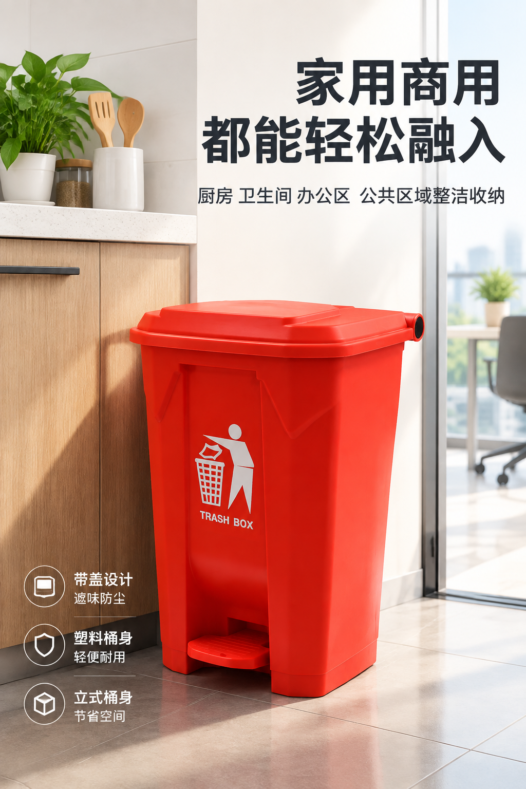亚马逊垃圾桶模特图怎么做？ - 生活方式场景图: 展示用商用多场景摆放适配性